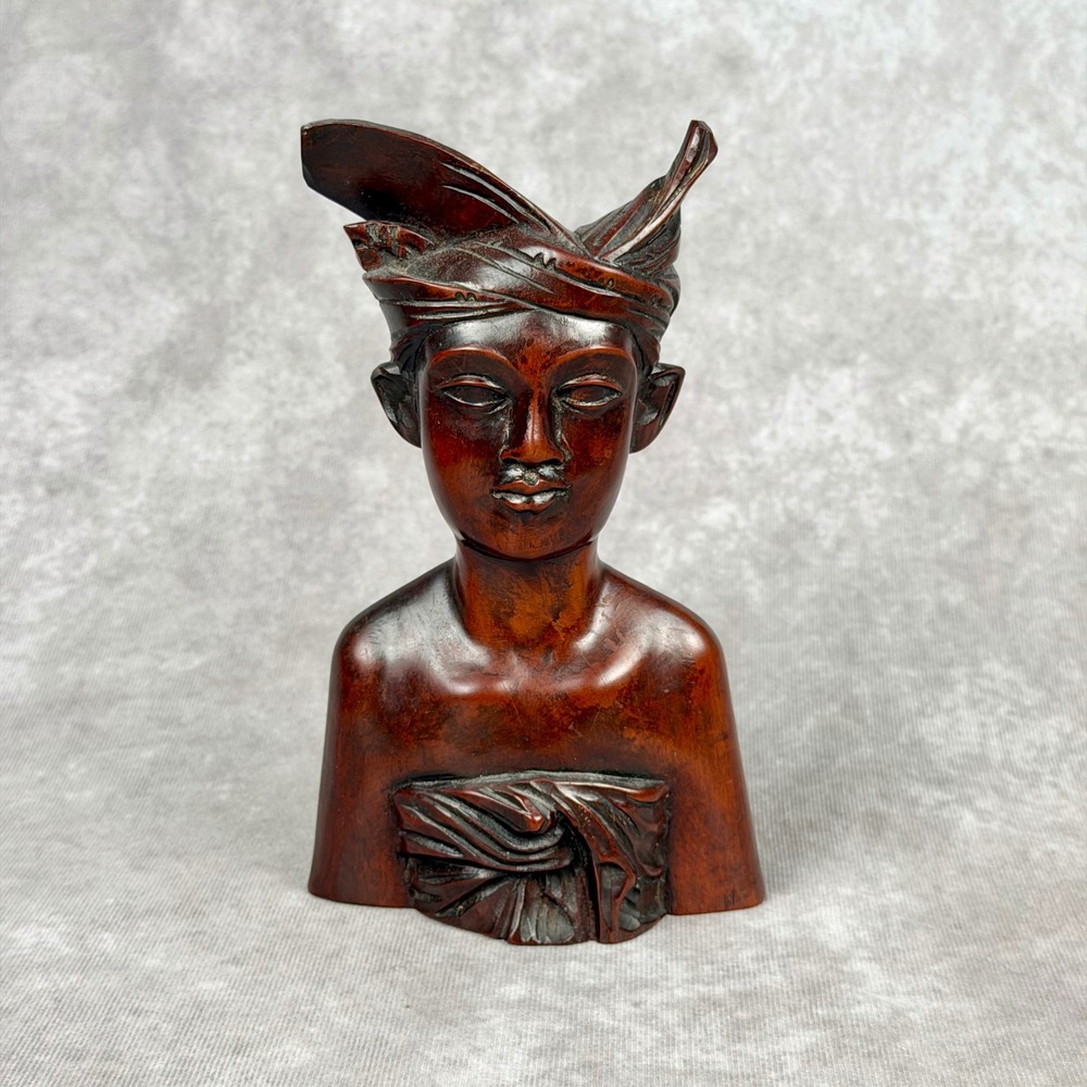 Vintage Bali Hand Carved Wood Bust Male Warrior Indonesian Folk Art Sculpture